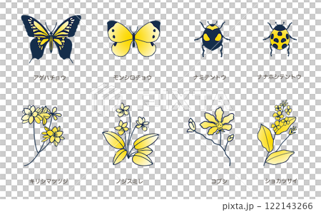 春天的花朵和昆蟲線描集顏色 122143266
