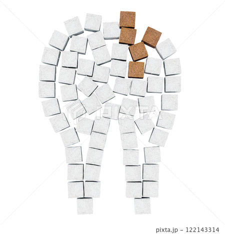 Tooth with caries from sugar cubes. Sugar destroys the tooth enamel and leads to tooth decay. 3D rendering Tooth with caries from sugar cubes. Sugar destroys the tooth enamel and leads to tooth decay. 3D rendering 122143314