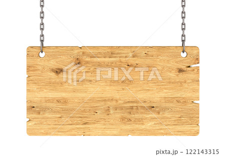 Wooden Hanging Sign on chain, front view. 3D rendering Wooden Hanging Sign on chain, front view. 3D rendering 122143315