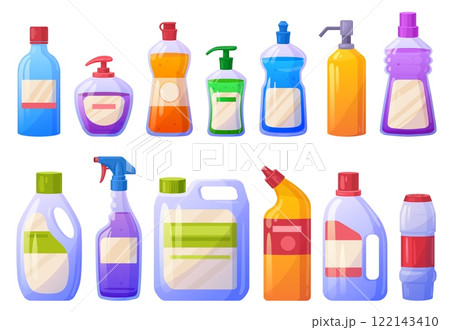 Cartoon detergent bottles. Cleaning supplies products, cleaner bleach bottle liquid soap household cleanser spray detergents containers chemical cleanup, tidy vector illustration Cartoon detergent bottles. Cleaning supplies products, cleaner bleach bottle liquid soap household cleanser spray detergents containers chemical cleanup, tidy vector illustration 122143410