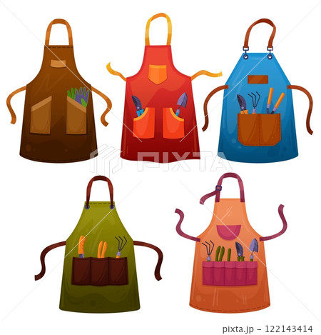 Garden aprons. Apron with gardening tools in pockets, spring agriculture clothes farm equipment gardener farmer uniform, cartoon set tidy vector illustration 122143414