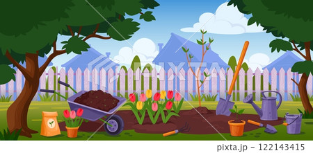 Backyard garden landscape. Spring gardening cartoon background, home back yard with fence green grass lawn tulip flowers shovel wheelbarrow, agriculture tidy vector illustration 122143415