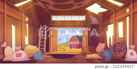 Abandoned barn. Old rustic shed room cartoon interior, broken deserted farmhouse destroyed wooden floor with hole indoor rural stable antique storehouse, swanky vector illustration 122143427