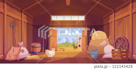 Barn inside interior. Cartoon shed with window and open gates, wooden farmhouse empty rural storehouse stable hay indoor wood building farming ranch, swanky vector illustration 122143428