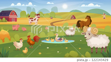 Farm animals yard. Cartoon barnyard scene with walking farming animal domestic pets outside barn, farmyard pasture livestock cow lamb pig chicken group, swanky vector illustration 122143429
