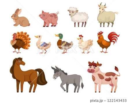 Cartoon farm animals. Cute domestic livestock animal, farmer pets goat rooster cow sheep pig duck rabbit chicken hen farmyard countryside characters set, swanky vector illustration 122143433