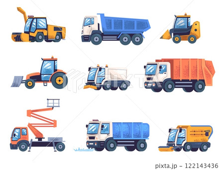 City cleaning machines. Urban municipal emergency cars, technic garbage truck street sweeper for wash roads, auto vehicle cleaners tractors cartoon set classy vector illustration City cleaning machines. Urban municipal emergency cars, technic garbage truck street sweeper for wash roads, auto vehicle cleaners tractors cartoon set classy vector illustration 122143436