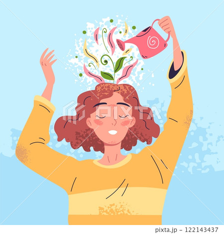 Growth positive think. Grow mindset and optimistic thinking, self improvement mental health happy mind woman watering plant flower brain in head, concept classy vector illustration 122143437