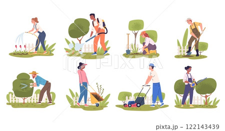 Lawn workers. Professional gardener backyard landscaping care work, pruning trees trimming hedge bushes cut grass mower gardening maintenance equipment, classy vector illustration 122143439