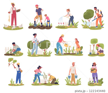 Farm garden workers. Agriculture worker with shovel plants fruit tree vegetables landscaping, farmer gardener in overall watering plants gardening work classy vector illustration 122143440