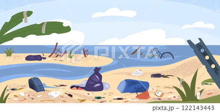 Polluted beach. Throwing garbage on river or sea coast, trash dump plastic waste pile in ocean island dirty ground water environment pollution landscape, classy vector illustration 122143443
