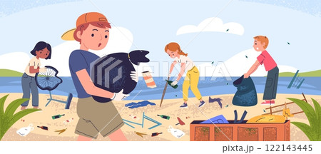 Children cleaning beach. Kids volunteers clean up seaside, school group collect sorting plastic waste in trash bag cleanup sea river coast from garbage, classy vector illustration 122143445