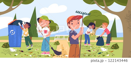 Children clean up park. School kids volunteers cleaning city garden outdoor, child collect litter in trash bag cleanup garbage eco environment protection classy vector illustration Children clean up park. School kids volunteers cleaning city garden outdoor, child collect litter in trash bag cleanup garbage eco environment protection classy vector illustration 122143446