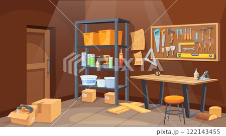 Workshop garage interior. Home shed or storage room inside house, mechanic or carpenter workbench with repair tool peg board wall hardware shelf, cartoon neat vector illustration Workshop garage interior. Home shed or storage room inside house, mechanic or carpenter workbench with repair tool peg board wall hardware shelf, cartoon neat vector illustration 122143455