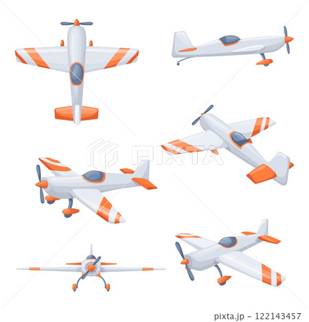 Cartoon propeller planes. Farm airplane front side top view, small aircraft civil aviation cessna private jet aerobatic plane flight aeroplane air set, neat vector illustration 122143457