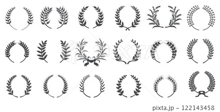 Wheat wreath silhouettes. Laurel wreaths black logo, olive leaf branches greek crest award crown symbol achievement round frame winner trophy heraldic set neat vector illustration Wheat wreath silhouettes. Laurel wreaths black logo, olive leaf branches greek crest award crown symbol achievement round frame winner trophy heraldic set neat vector illustration 122143458