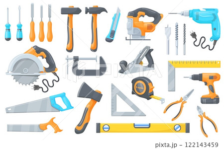 Cartoon woodworking tools. Carpentry workshop instruments set, diy home working or carpenter shop woodwork hardware hammer drill saw chisel axe screwdriver neat vector illustration Cartoon woodworking tools. Carpentry workshop instruments set, diy home working or carpenter shop woodwork hardware hammer drill saw chisel axe screwdriver neat vector illustration 122143459