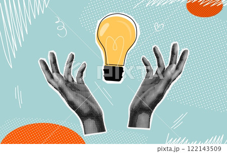 Idea halftone collage. Bulb light lamp in realistic hands paper vintage collage art , brain creative business think invention success solution concept design vector illustration 122143509