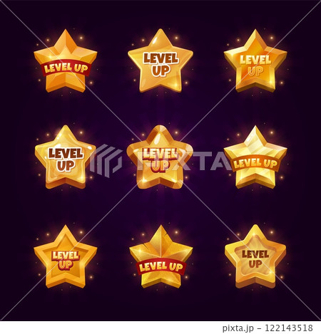 Game level up stars. Gamer winner levels achievement gold star badges, award medals casino bonus rank badge win point screen ui ux element, cartoon set swanky vector illustration 122143518