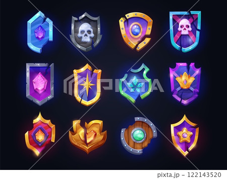Cartoon broken shields. Fantasy game damaged wooden shield, viking warrior barbarian player inventory ui gaming element medieval battle war knight armor, swanky vector illustration 122143520