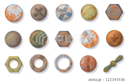 Rusty screw heads. Old screw nails head top view with grunge texture, metal bolt circle rivet rust vintage antique iron steel gold brass copper pin nut cap neat vector illustration 122143536