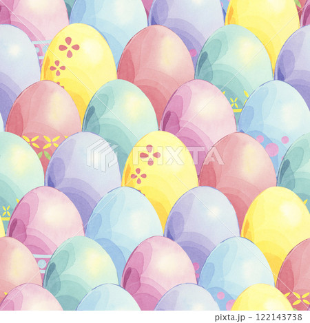 Happy easter seamless pattern of colored eggs. Festive watercolor hand drawn illustration. Cute tiled ornament for wrapping, textile, kitchen art and spring design Happy easter seamless pattern of colored eggs. Festive watercolor hand drawn illustration. Cute tiled ornament for wrapping, textile, kitchen art and spring design 122143738