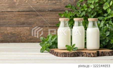 Fresh milk bottles surrounded by lush green leaves  natures purest refreshment 122144053