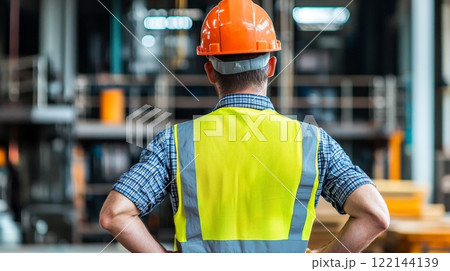 Safety first a man in a hard hat and safety vest on the job site 122144139