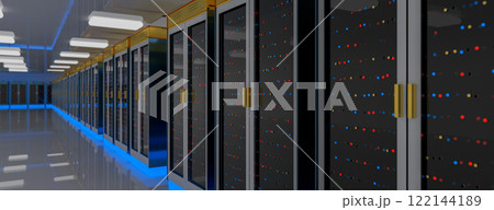 Server room data center. Backup, mining, hosting, mainframe, farm and computer rack with storage information. 3d render 122144189