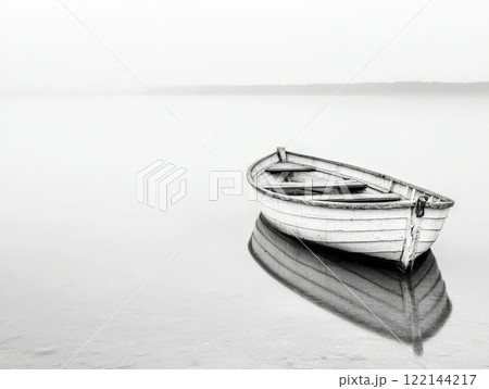 Solitary Rowboat on a Misty Lake - Minimalist Black and White Photography 122144217