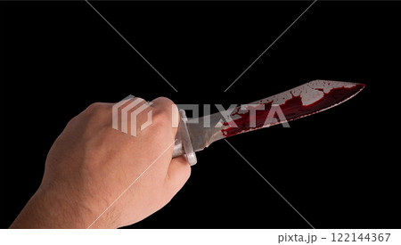 Combat knife in blood next to yellow marker with crime scene number black background 122144367