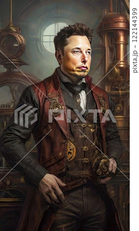 Portrait of a man in steampunk style. Steampunk universe, subculture. 122144399