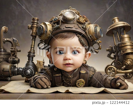 steampunk baby on the floor with toys. steampunk universe. 122144412