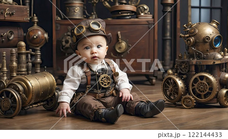 steampunk baby on the floor with toys. steampunk universe. steampunk baby on the floor with toys. steampunk universe. 122144433