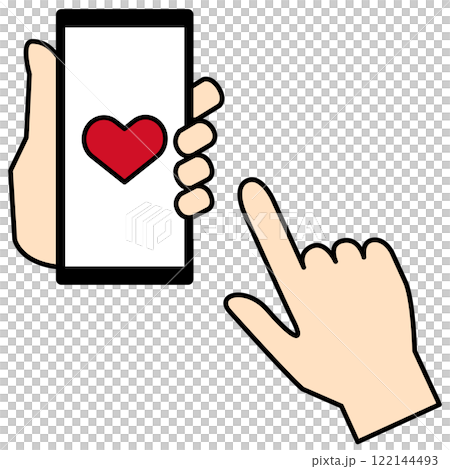 Hand holding a smartphone with a heart displayed 122144493