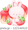 A little pink rabbit is sitting hugging a strawberry with a strawberry cake in the background. 122144522