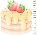 Pancakes topped with jam and decorated with strawberries 122144526