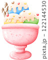 Three flavors of ice cream topped with candy bars 122144530