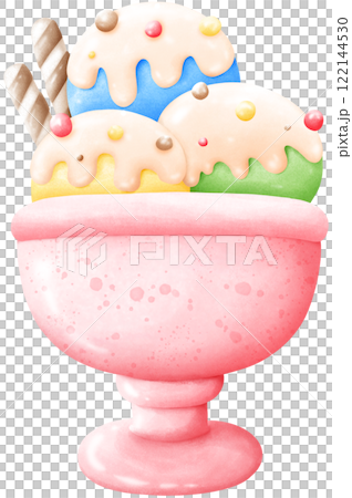 Three flavors of ice cream topped with candy bars Three flavors of ice cream topped with candy bars 122144530