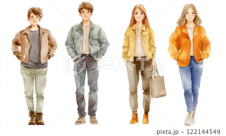 カジュアルな服装の男女の落ち着いた色合いの水彩イラスト カジュアルな服装の男女の落ち着いた色合いの水彩イラスト 122144549