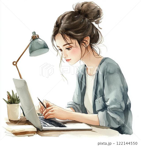 ラップトップで作業している女性の水彩イラスト 122144550