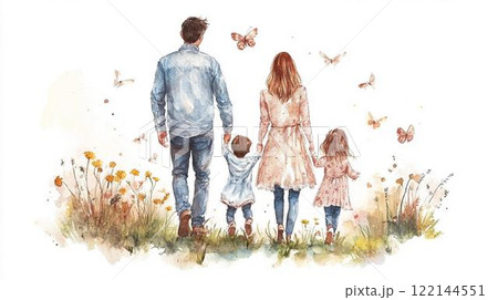 花が咲く道を家族で歩く様子のイラスト素材 花が咲く道を家族で歩く様子のイラスト素材 122144551