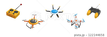 Drone and Flying Quadcopter with Remote Control Vector Set 122144658