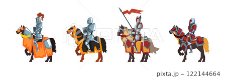 Medieval Knight in Helmet on Horse Vector Set 122144664