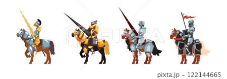 Medieval Knight in Helmet on Horse Vector Set 122144665