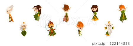 Cute Forest Elves as Fairytale Magic Characters with Pointed Ears in Green Clothes Vector Set 122144838