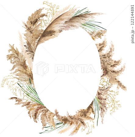 Frame with watercolor beige, green and golden pampas grass, Boho Wedding isolated illustration Frame with watercolor beige, green and golden pampas grass, Boho Wedding isolated illustration 122144891