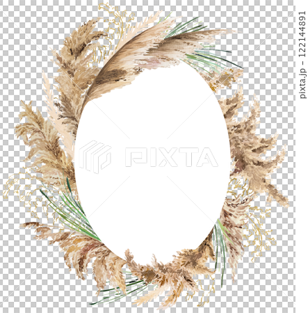 Frame with watercolor beige, green and golden pampas grass, Boho Wedding isolated illustration Frame with watercolor beige, green and golden pampas grass, Boho Wedding isolated illustration 122144891