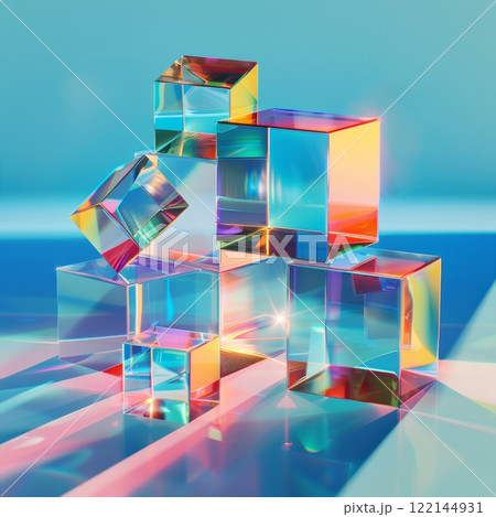 Colorful Glass Cubes with Prismatic Light Effects on Blue Background for Abstract Art 122144931