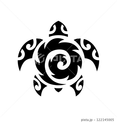 Sea turtle in Maori tattoo tribal style. Black and white sketch or logo. 122145005